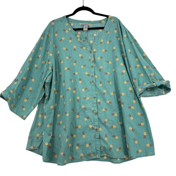 Catherines Blouse Size 4X Linen Blend Green Pineapple Novelty Print Button Up - Picture 1 of 10